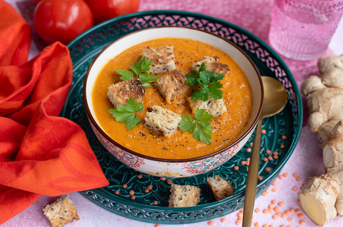 délicieuse recette de soupe lentilles corail et croûtons au gingembre