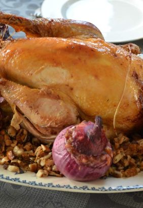 Chapon rôti, farce champignons