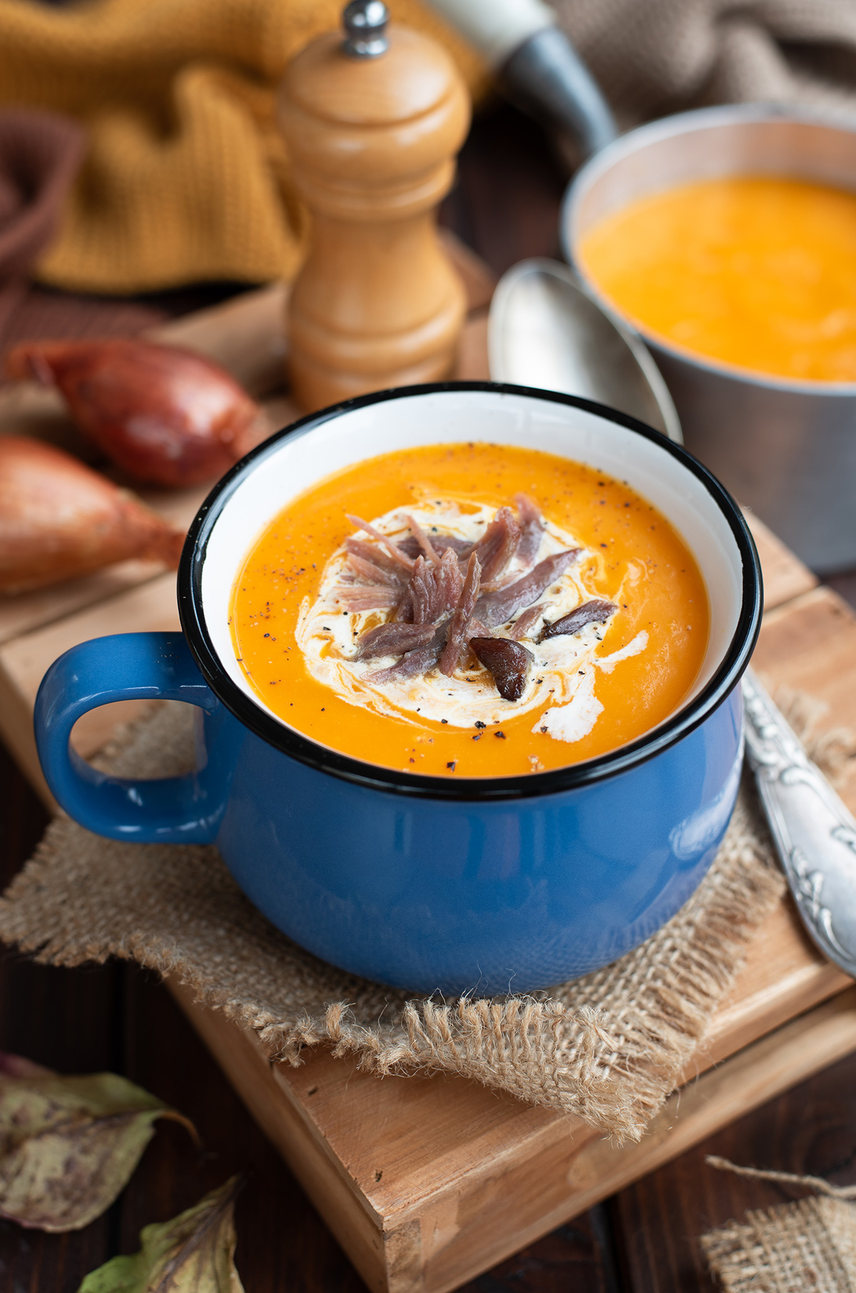 Velouté de butternut effiloché de canard