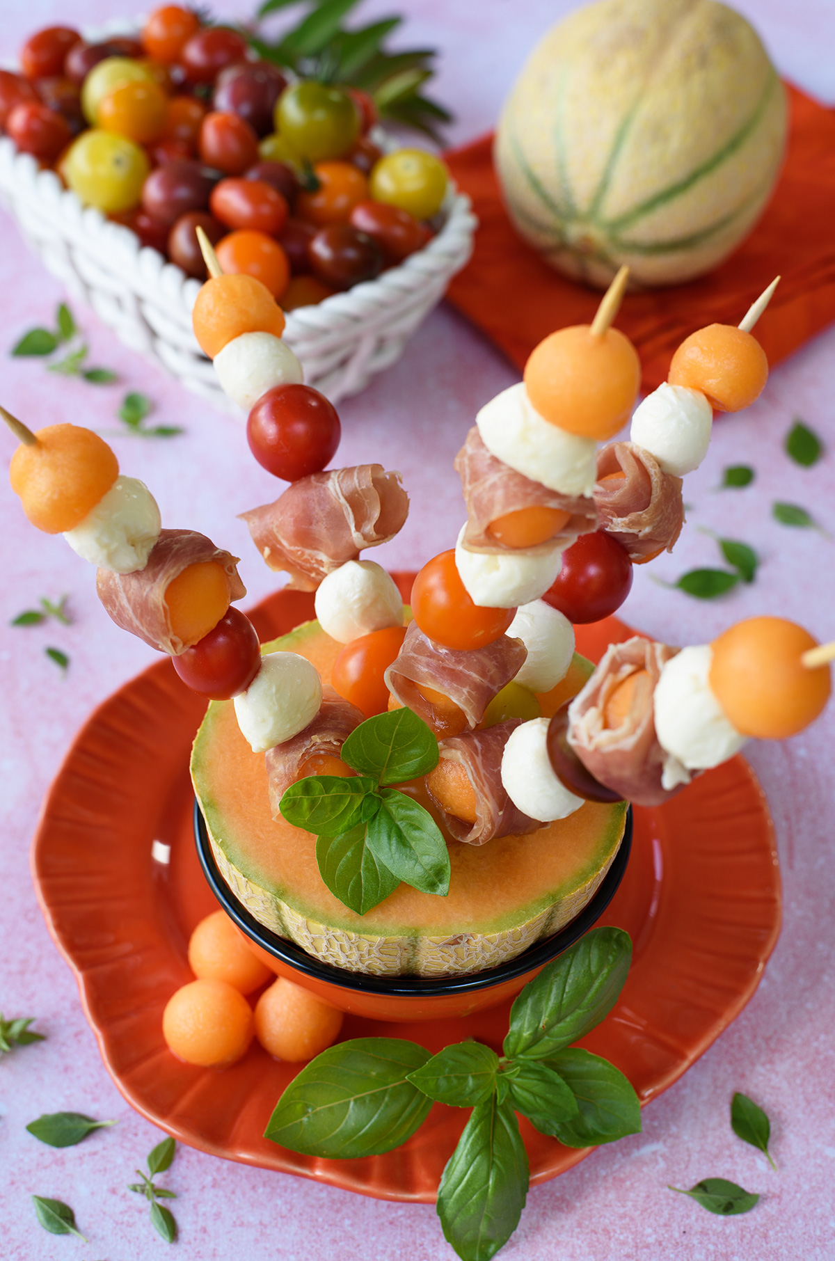 Brochettes melon jambon cru et mozza pour l'apritif